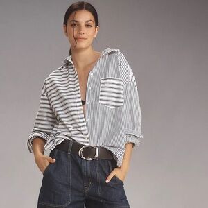 Anthropologie Maeve Bennet button down  blue/white color block shirt size medium